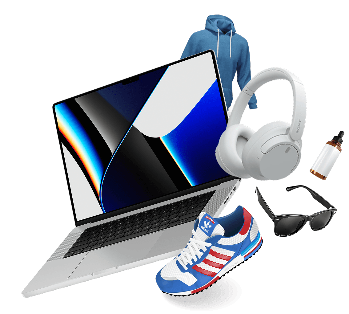 Laptop, hoodie, headphones, serum, sunglasses and sneakers